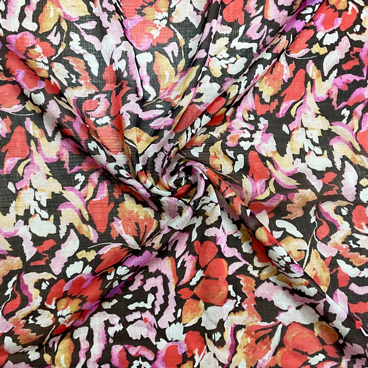 Pink-Black-Multi Poly Floral Printed Crinkle Yoryu Chiffon Woven Fabric By the Yard
